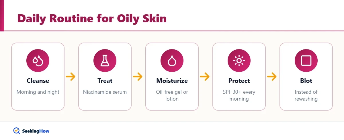 Daily routine overview for how to reduce oily skin
