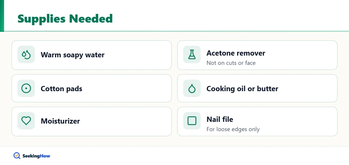 Checklist of supplies to remove super glue from skin