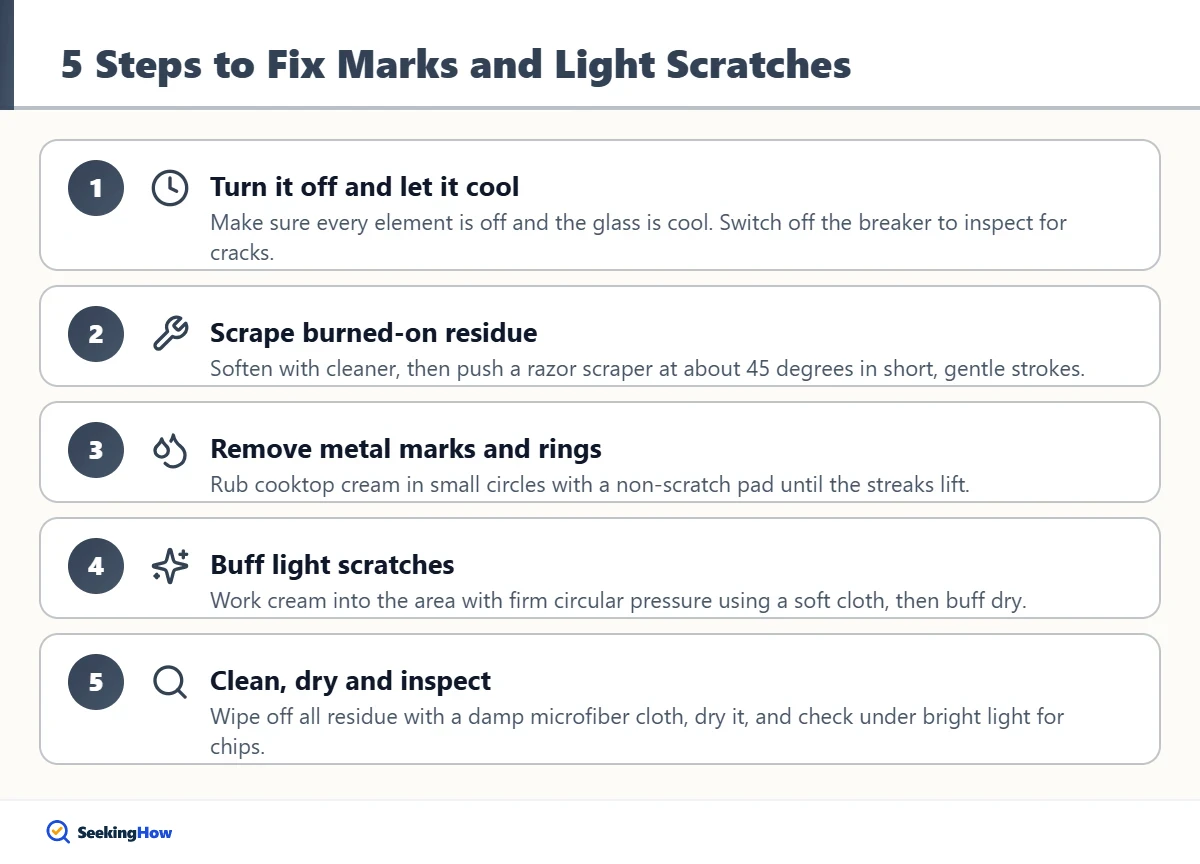 Steps to repair marks and light scratches on a damaged glass cooktop