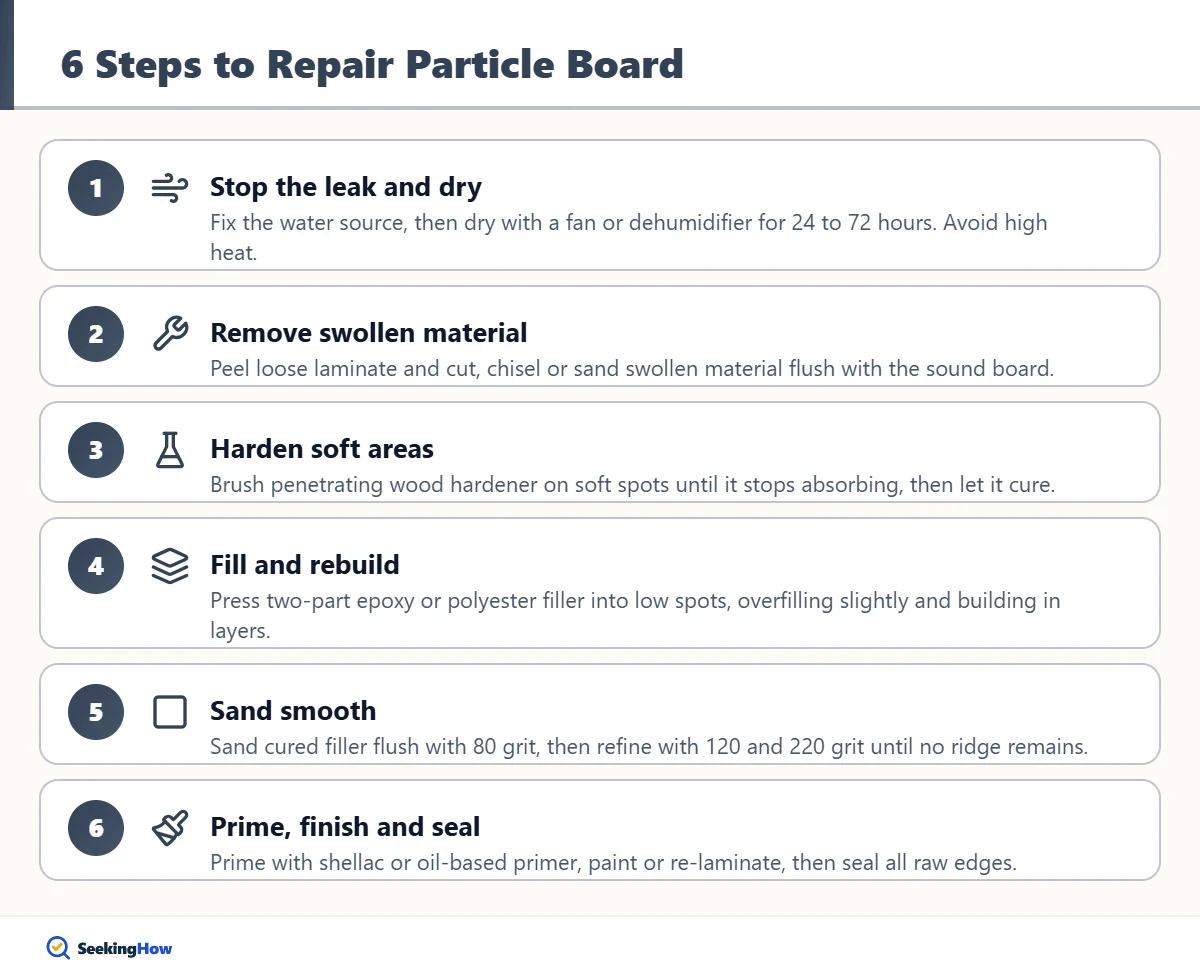 Steps to repair particle board water damage