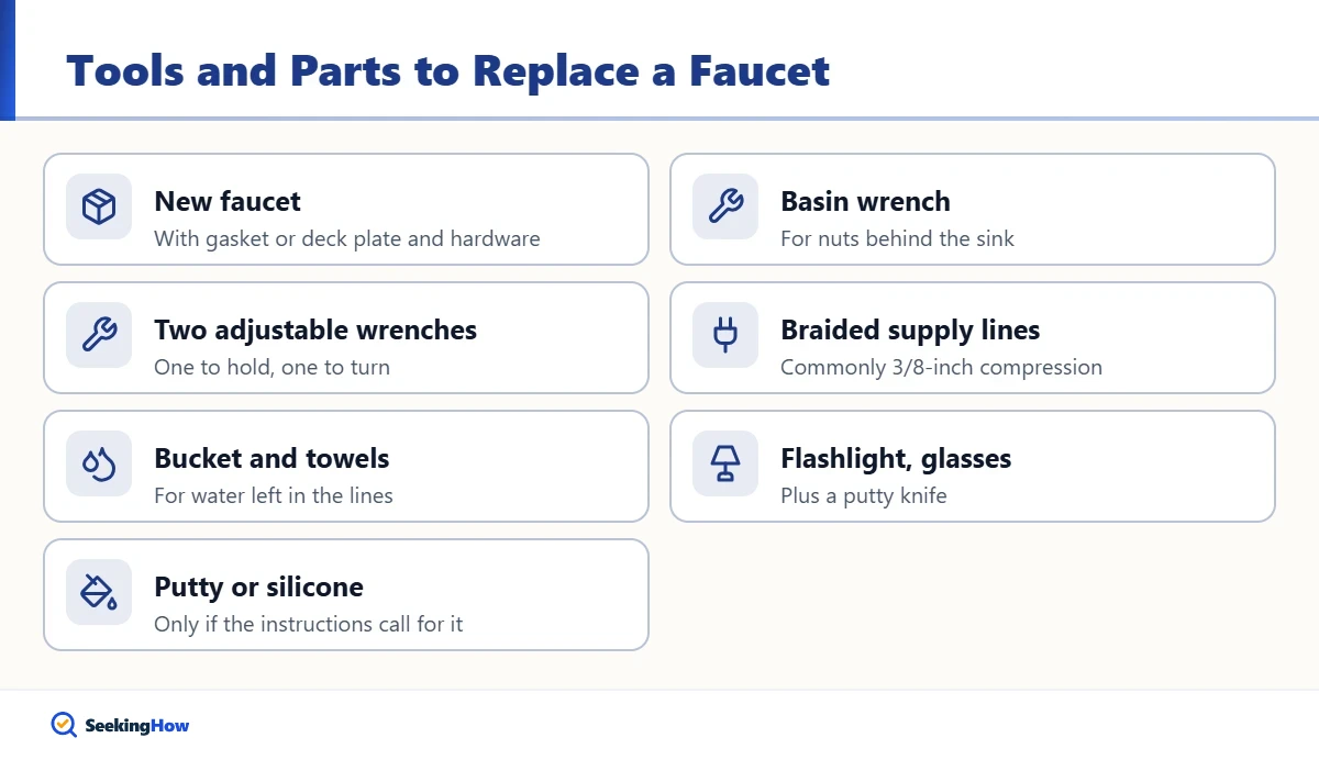 Tools and parts needed to replace a kitchen faucet