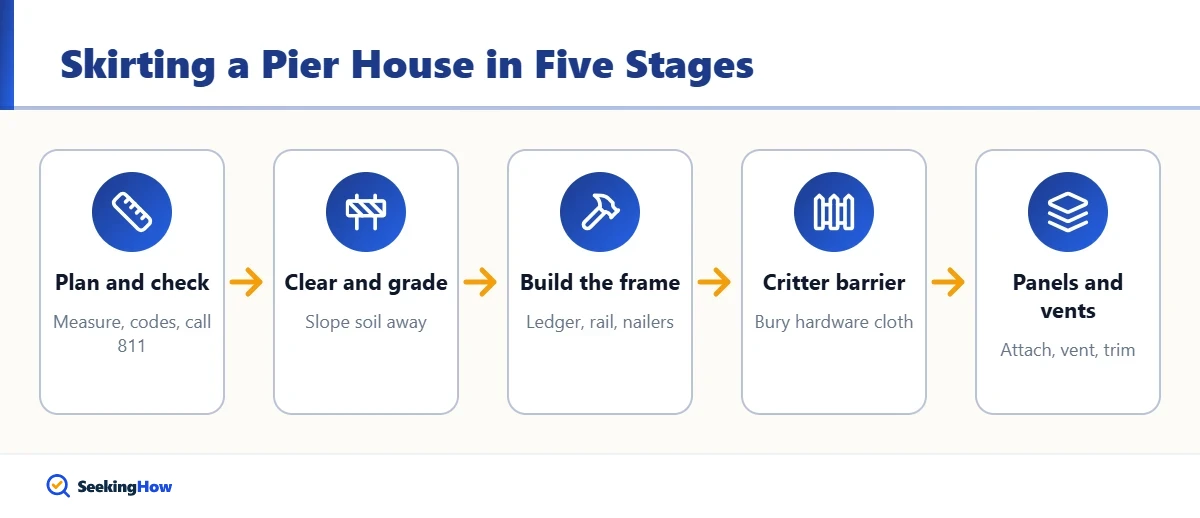 Overview of how to skirt a house on piers in five stages