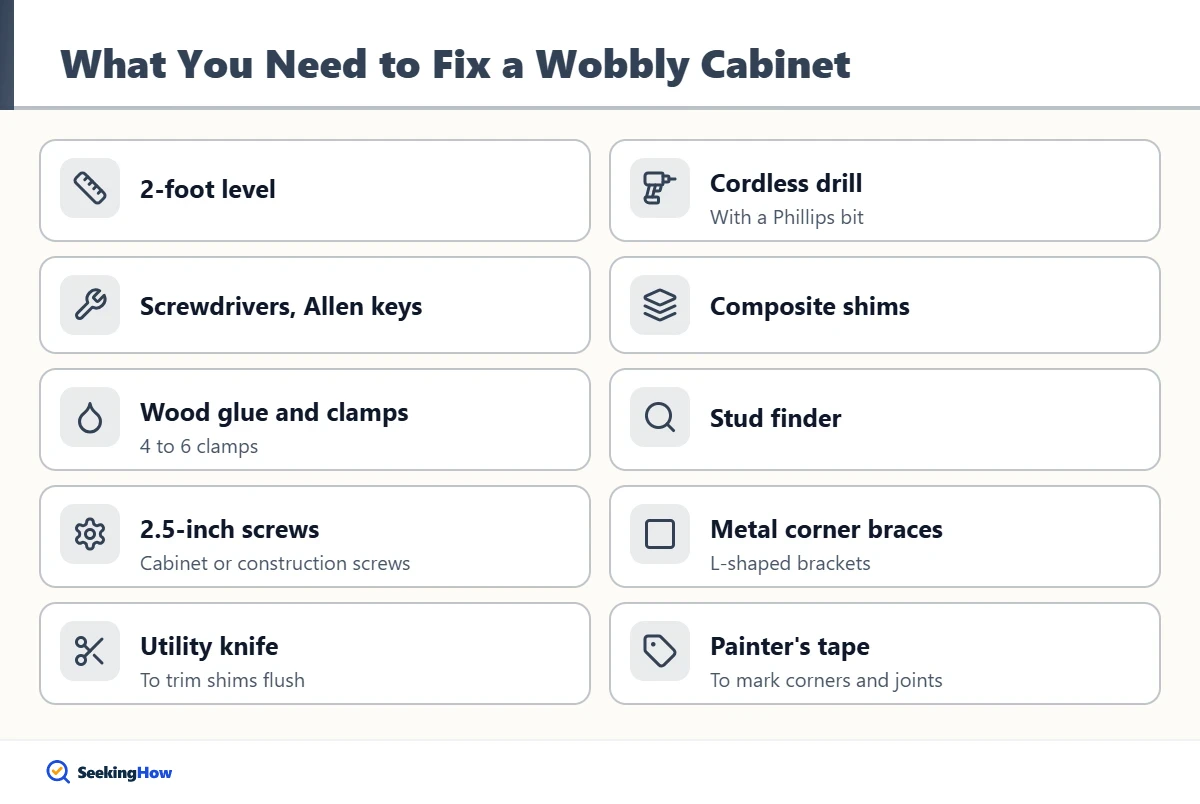 Tools needed to stabilize a wobbly cabinet
