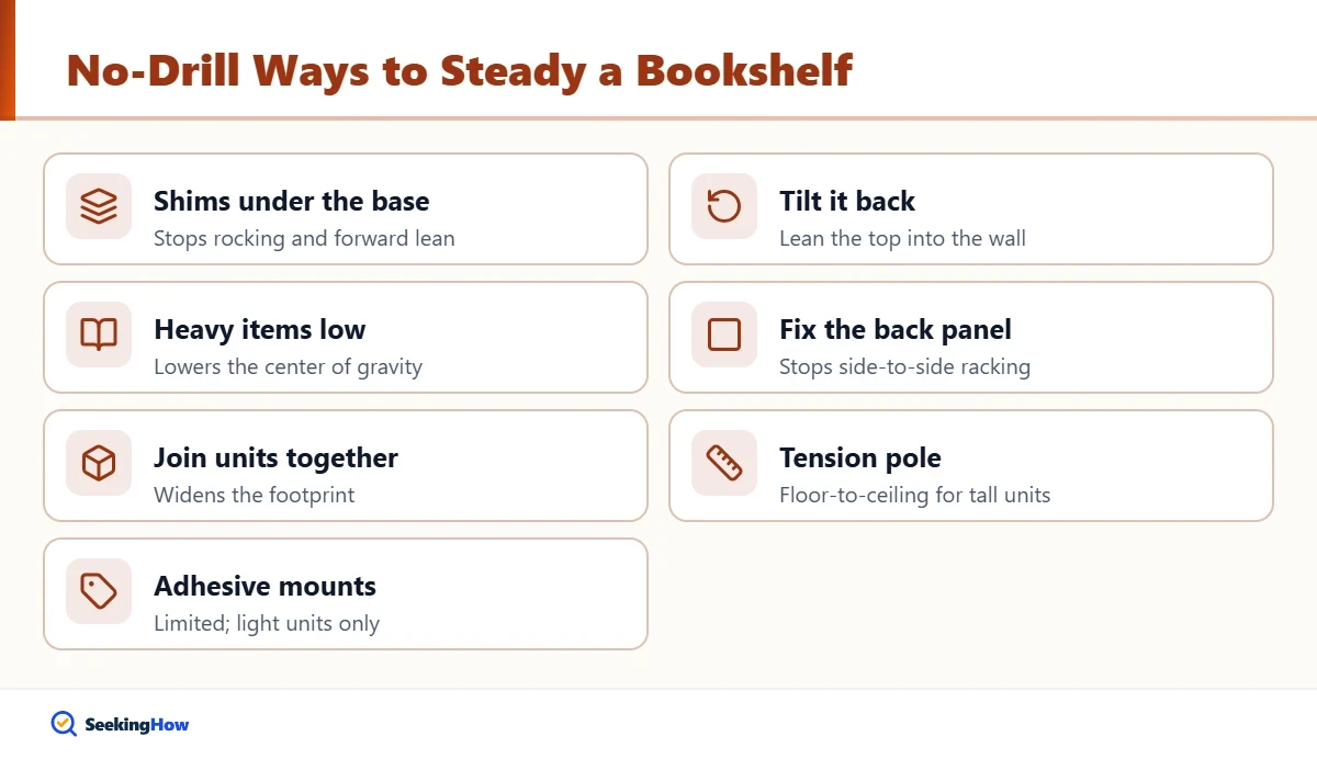 Supplies to stabilize a bookshelf without drilling