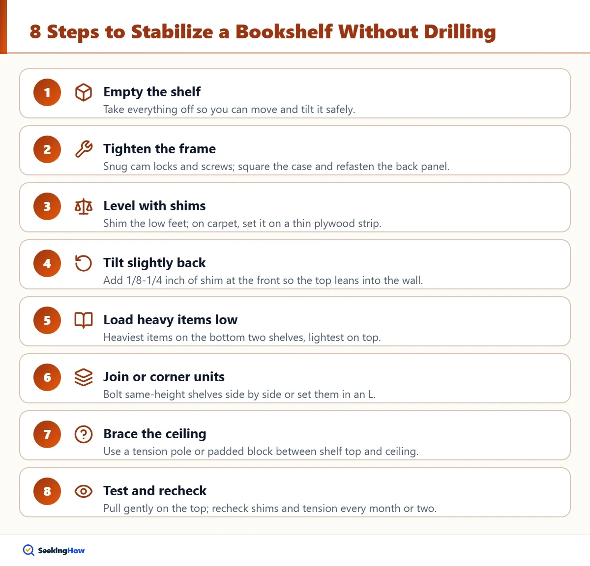 Steps to stabilize a bookshelf without drilling