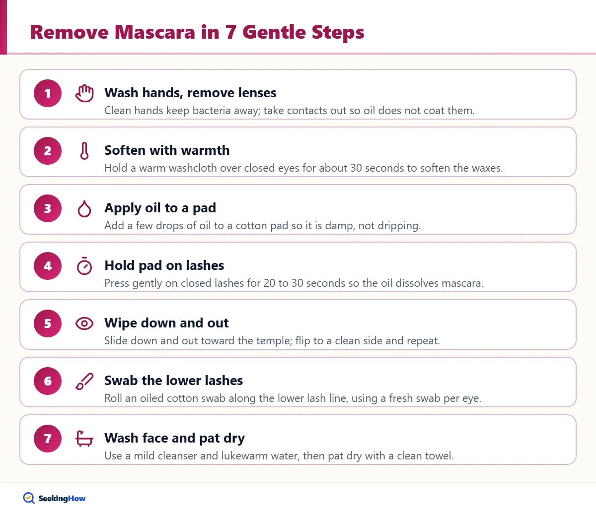 Step-by-step infographic on how to take mascara off without makeup remover