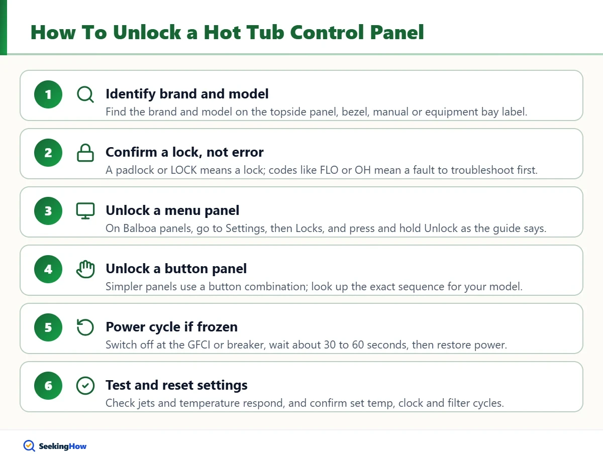Step-by-step infographic to unlock a hot tub control panel