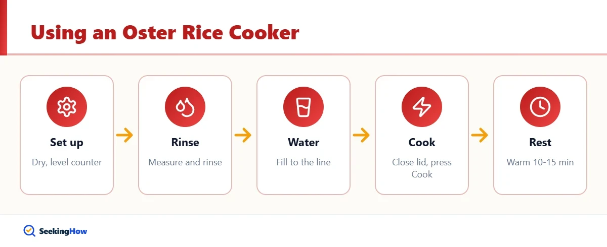 Process overview of how to use an Oster rice cooker