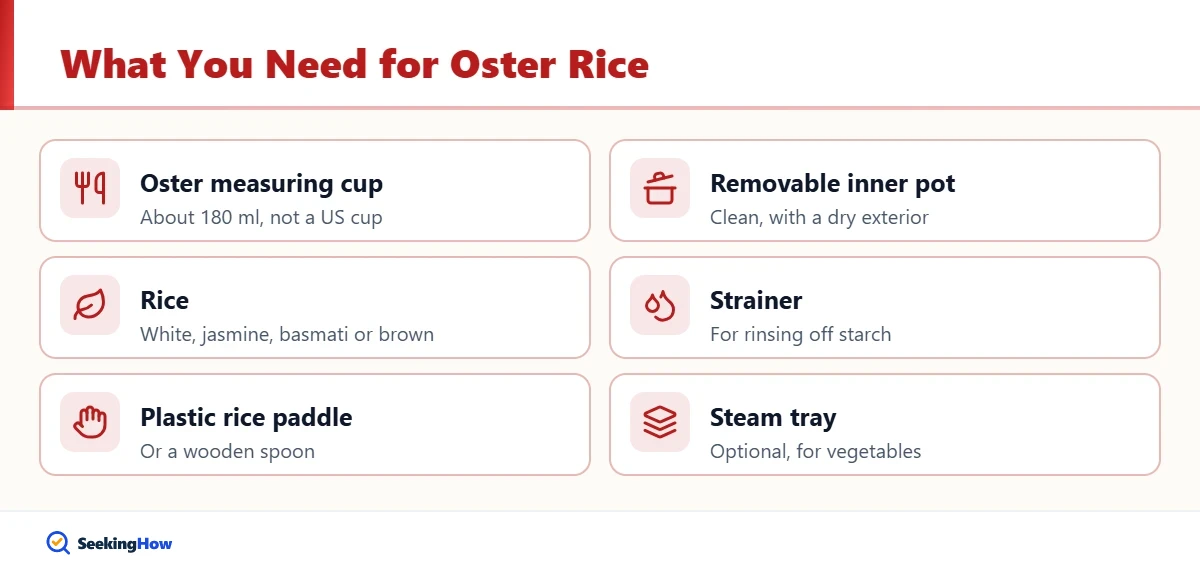 Items needed to use an Oster rice cooker