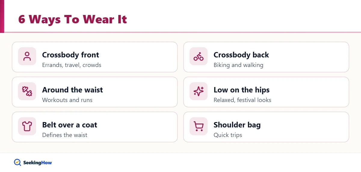 Six styles showing how to wear a Lululemon belt bag