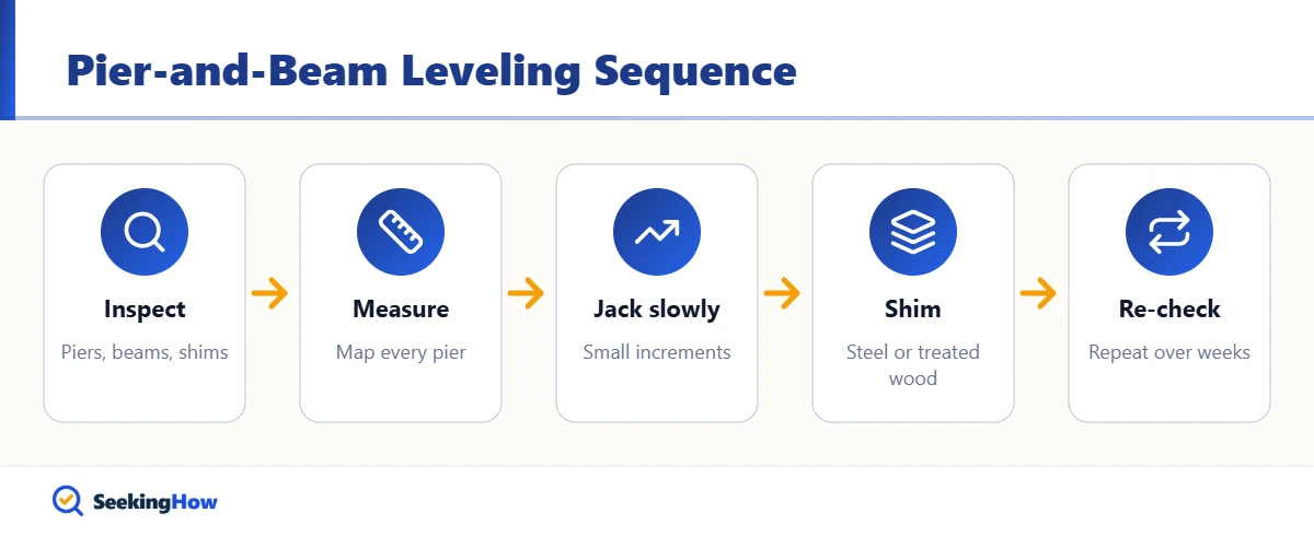 Flow diagram of how to level a house on piers yourself