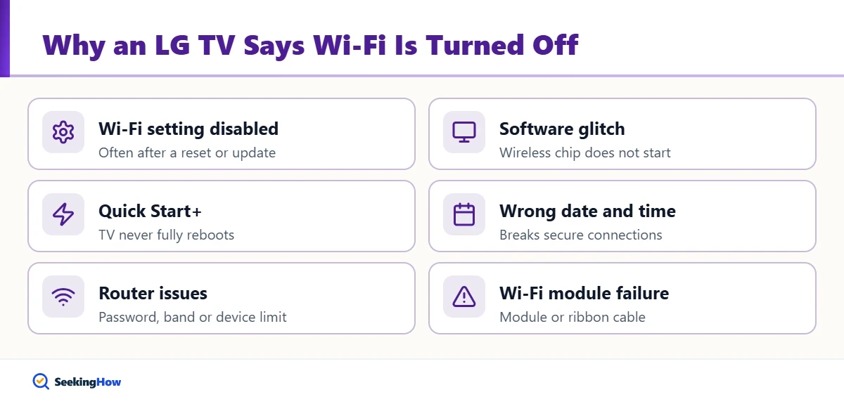 Overview of fixes when an LG TV says Wi-Fi is turned off