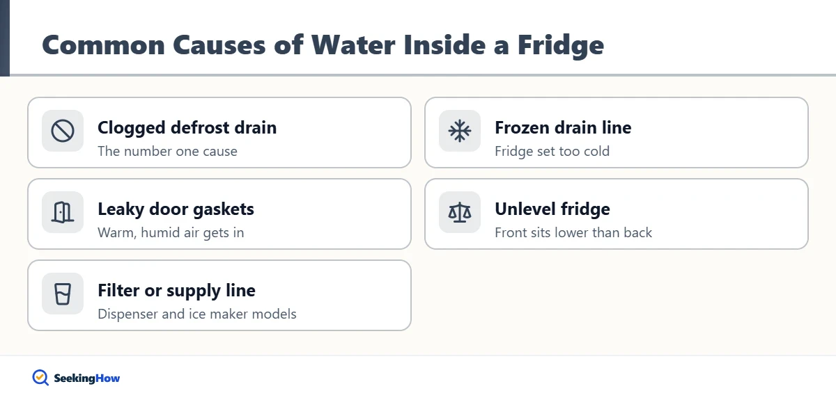 Checklist of causes for a fridge leaking water inside