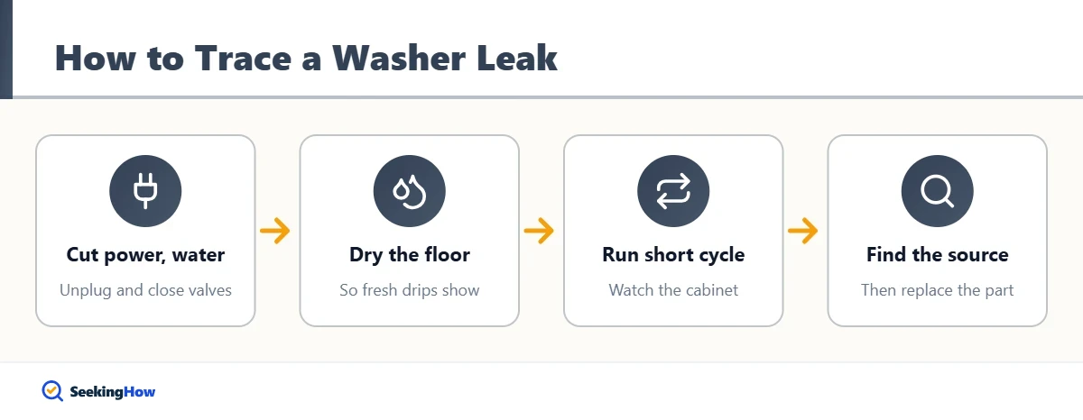 Process to find a washing machine leaking from the bottom
