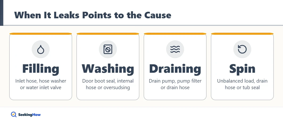 Checklist of causes for a washing machine leaking from the bottom