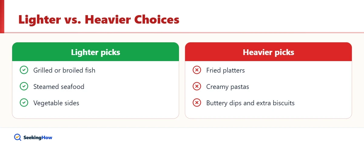 Red Lobster nutrition comparison of lighter and heavier menu items