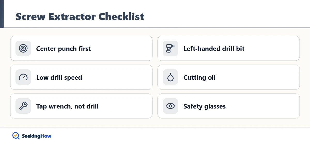 Checklist for using a screw extractor on a stripped Phillips screw in metal
