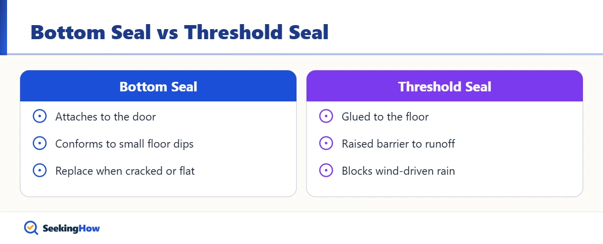 Comparing a bottom seal and a threshold to stop water under a garage door