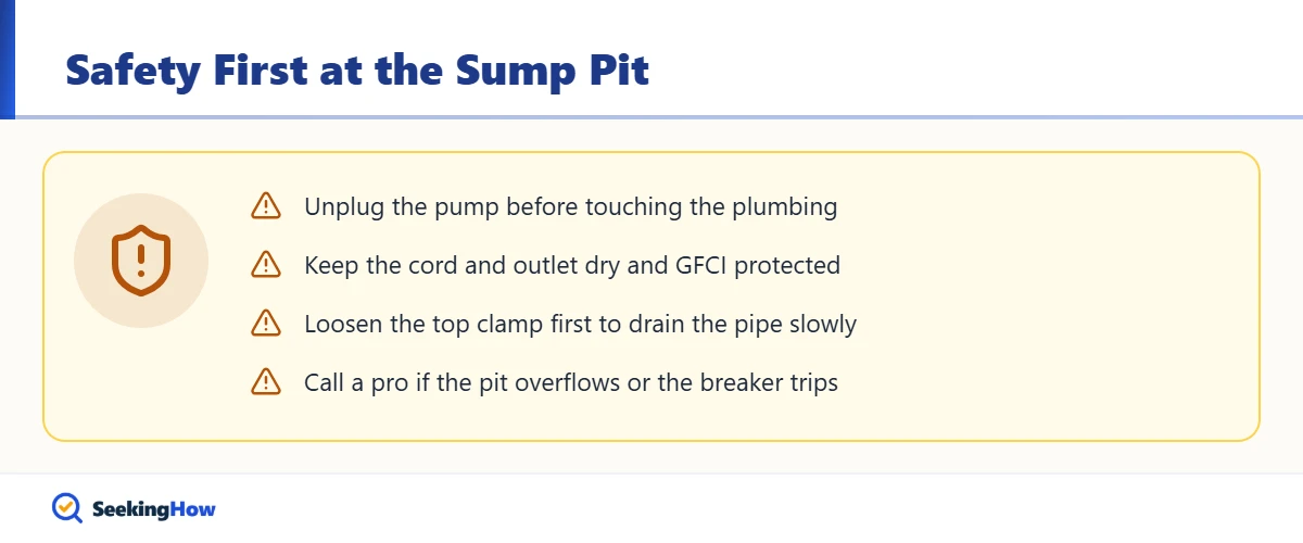 Safety warnings when checking a sump pump check valve