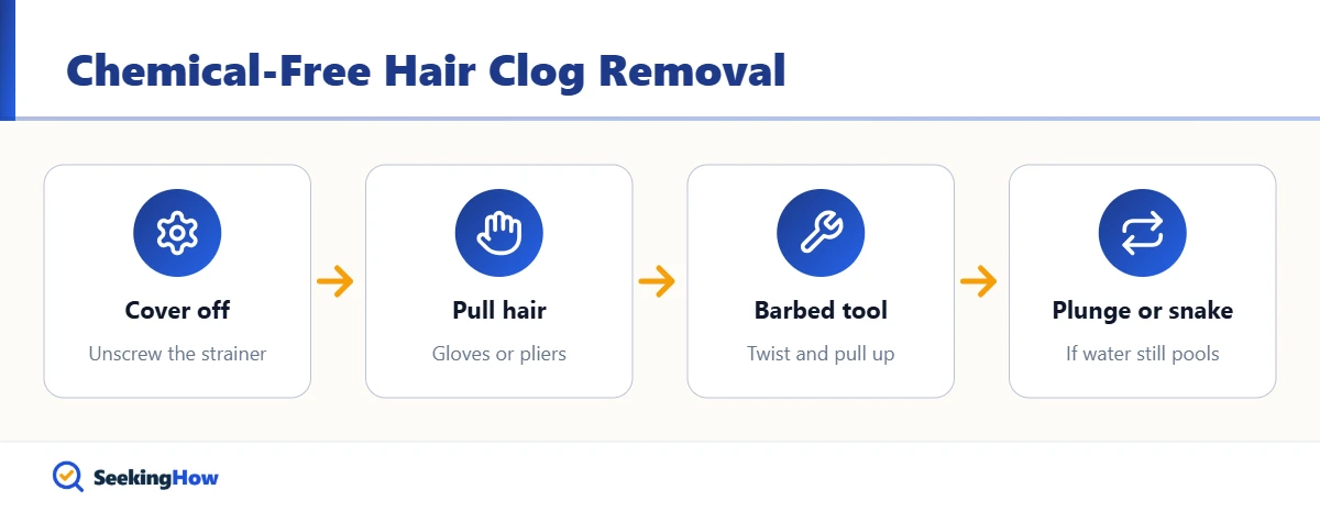 Flow diagram of how to unclog a shower drain full of hair without chemicals