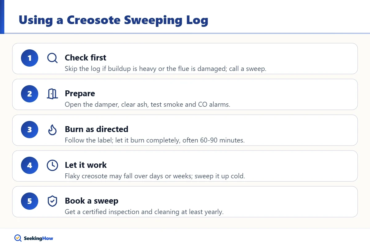 Steps for using a creosote sweeping log, what to burn to clean chimney