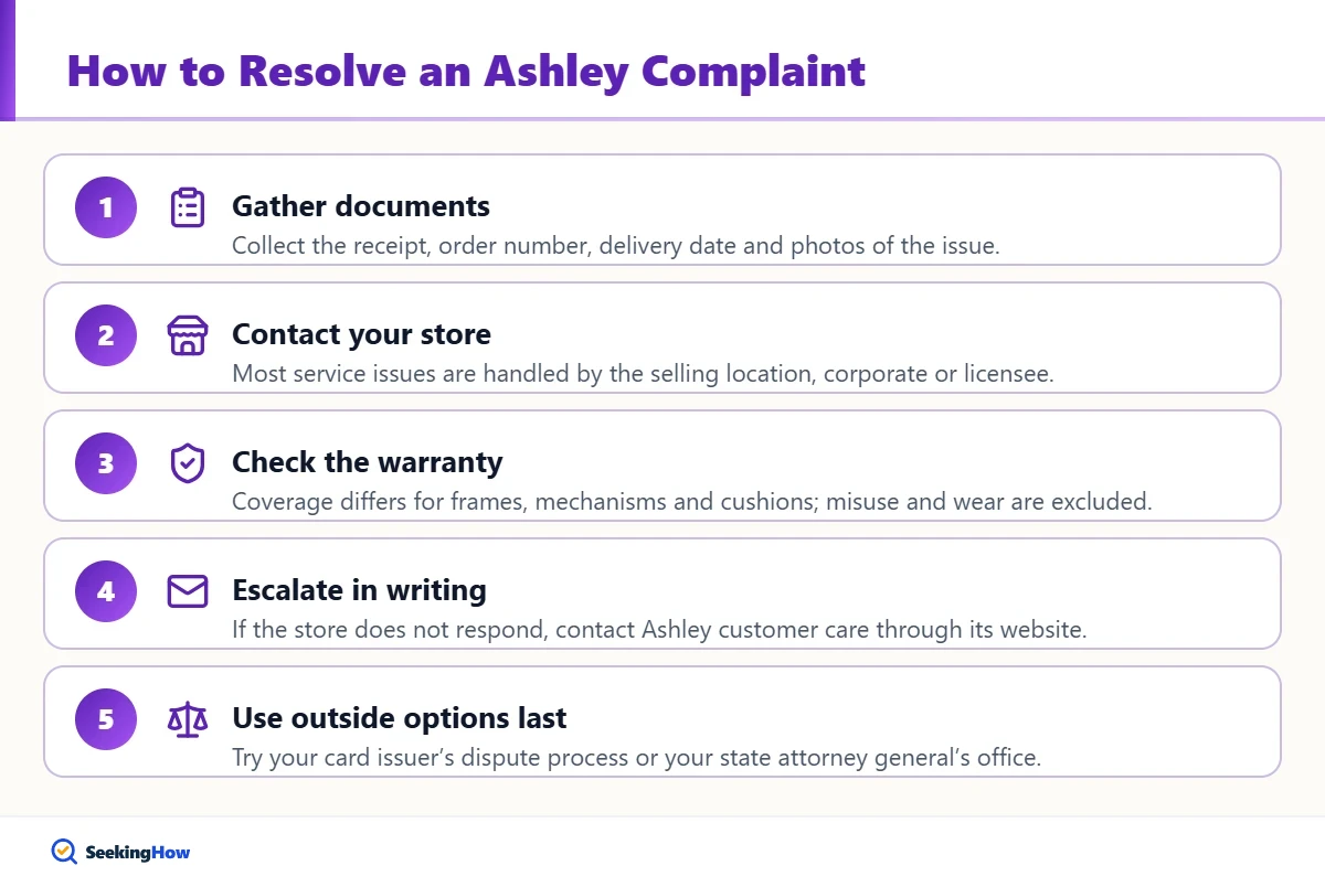 Steps to resolve a complaint with Ashley Furniture